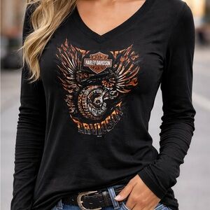 Harley-Davidson Black Long Sleeve V-Neck Tee with Orange Graphic
